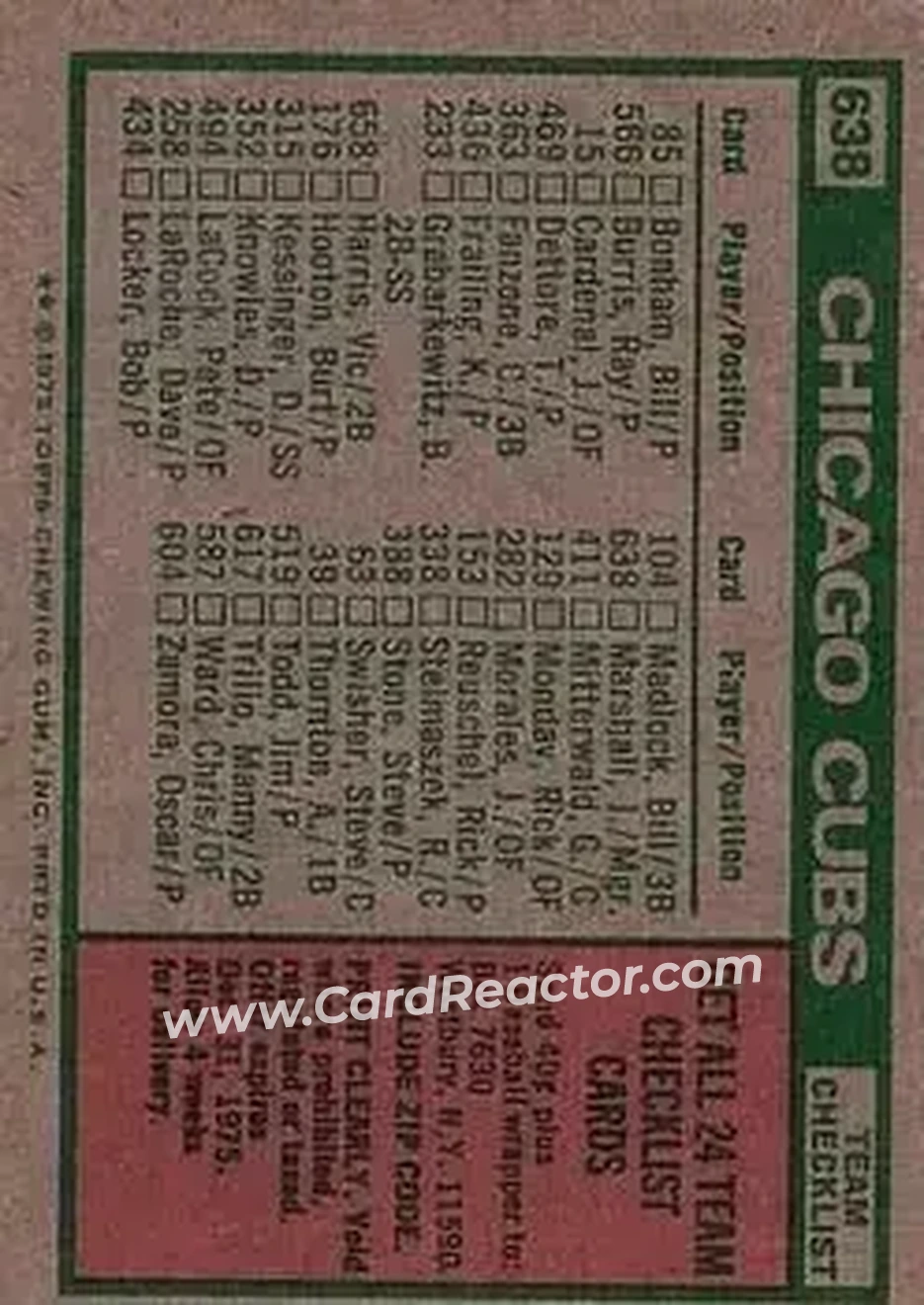1975 Topps #638 - Card #638 - Chicago Cubs - Back 1975 Topps #638 - Card #638 - Chicago Cubs - Back