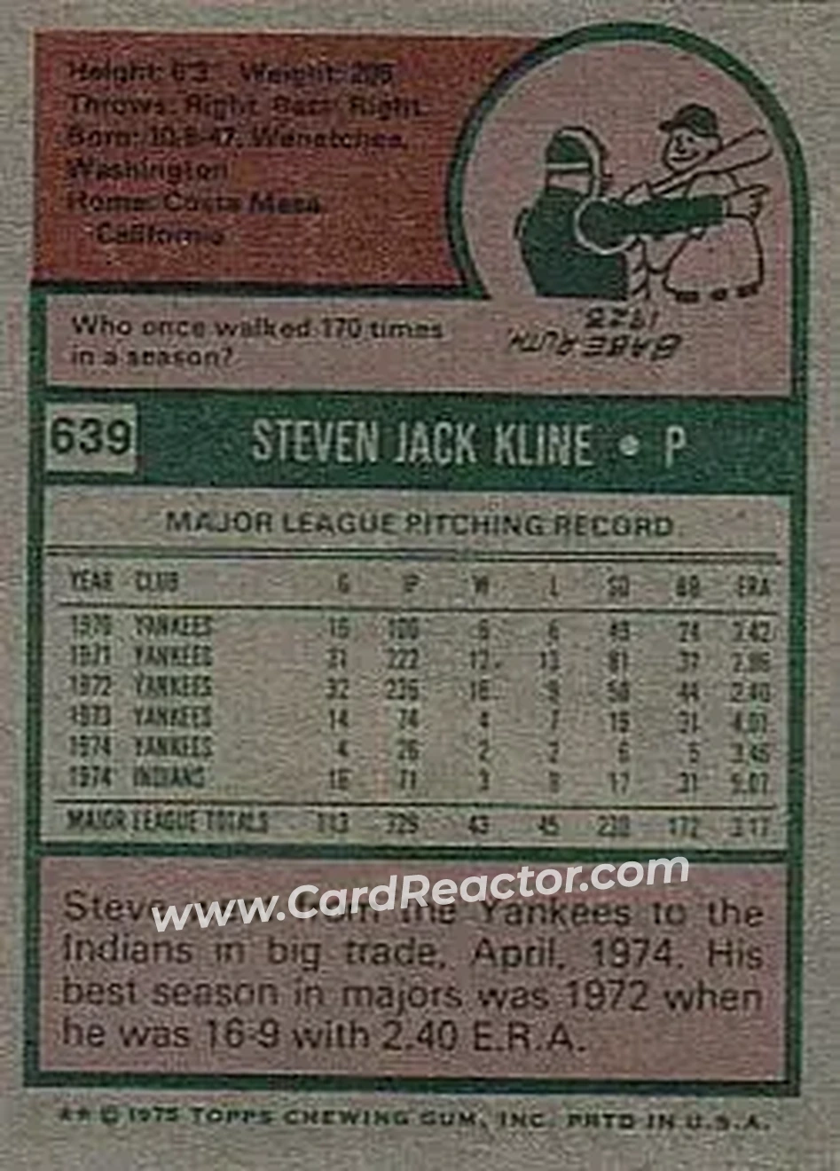 1975 Topps #639 - Steve Kline - Cleveland Indians - Back 1975 Topps #639 - Steve Kline - Cleveland Indians - Back