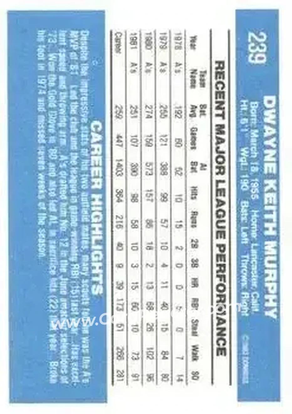 1982 Donruss #239 - Dwayne Murphy - Oakland Athletics - Back