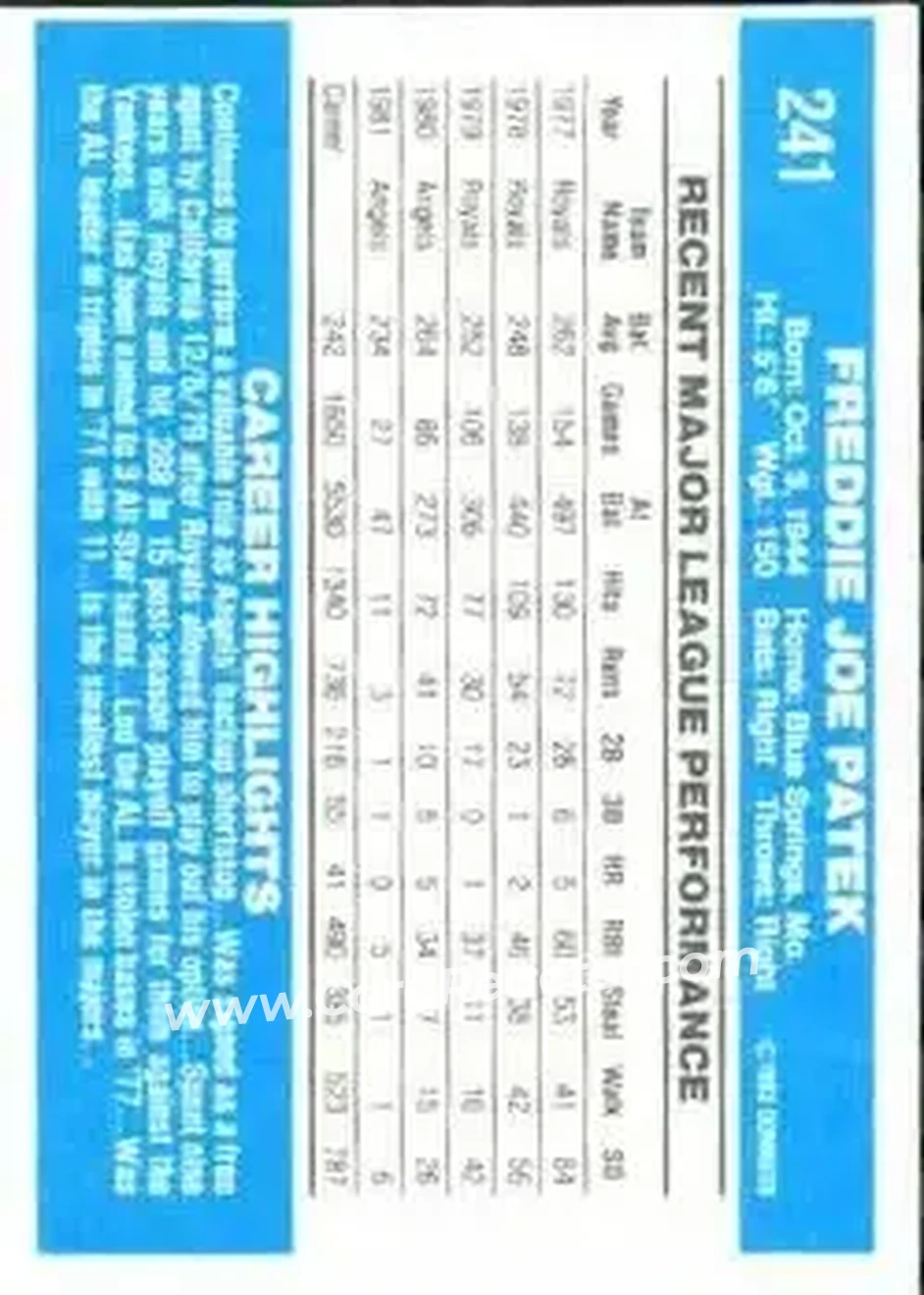 1982 Donruss #241 - Fred Patek - California Angels - Back 1982 Donruss #241 - Fred Patek - California Angels - Back