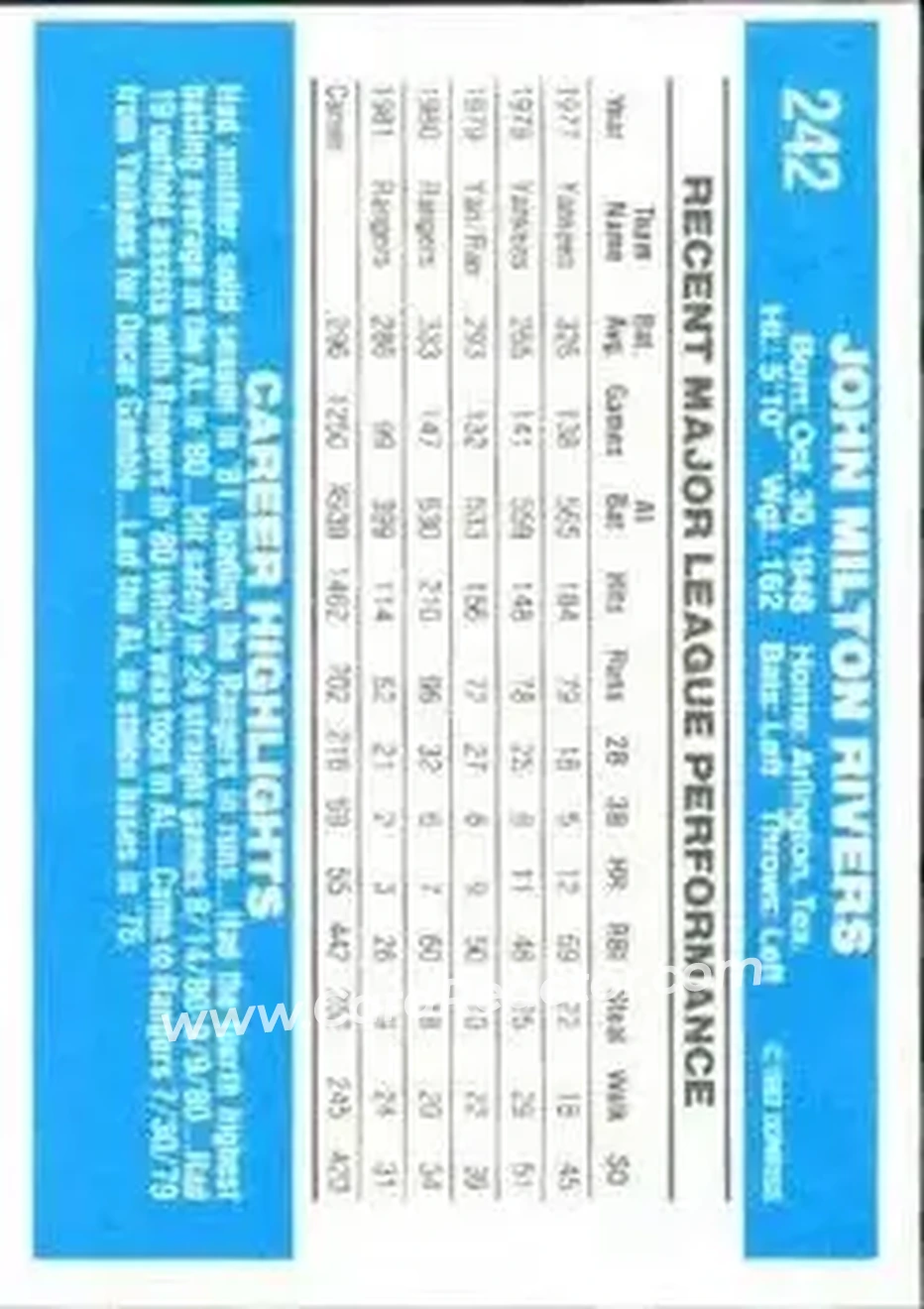 1982 Donruss #242 - Mickey Rivers - Texas Rangers - Back 1982 Donruss #242 - Mickey Rivers - Texas Rangers - Back