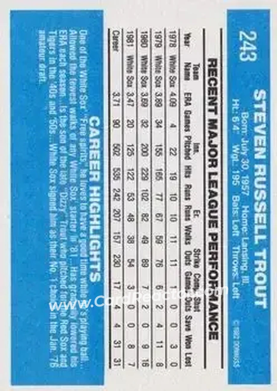 1982 Donruss #243 - Steve Trout - Chicago White Sox - Back 1982 Donruss #243 - Steve Trout - Chicago White Sox - Back