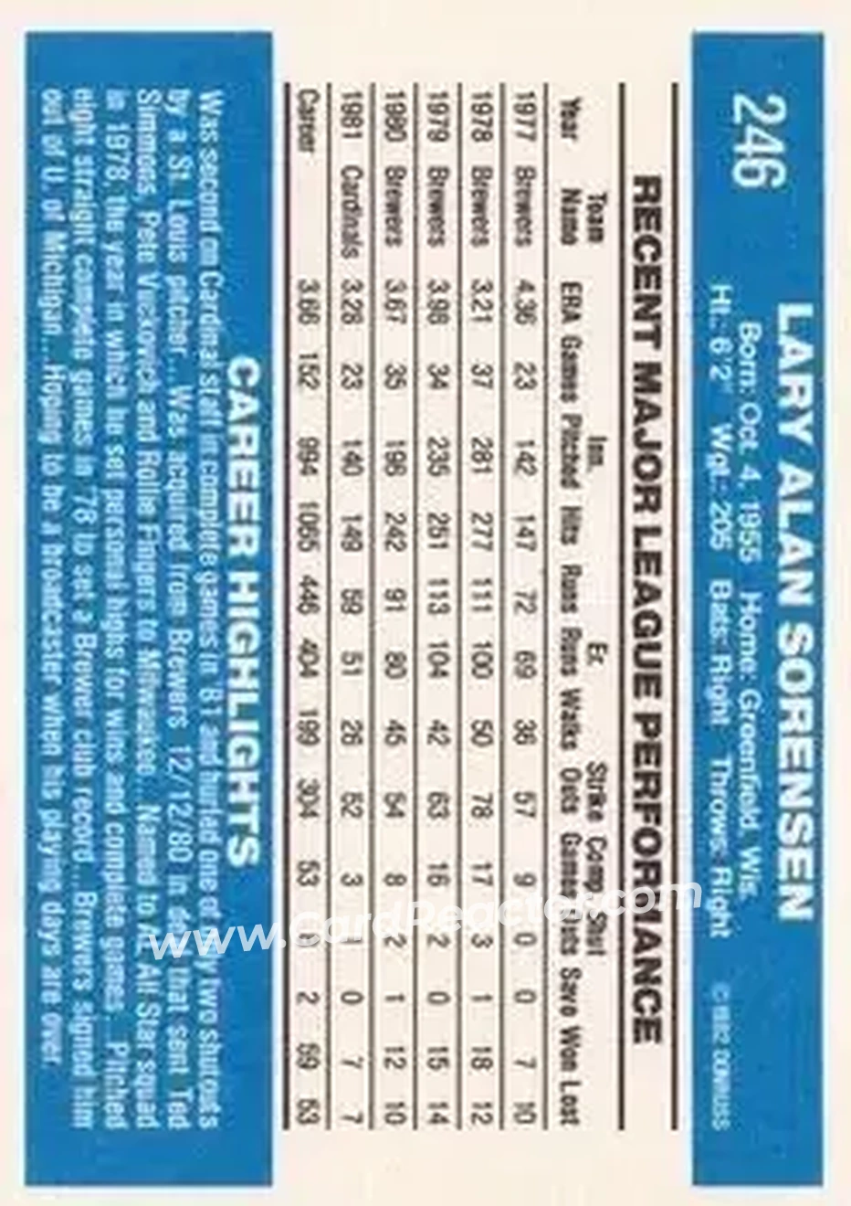 1982 Donruss #246 - Lary Sorensen - St. Louis Cardinals - Back 1982 Donruss #246 - Lary Sorensen - St. Louis Cardinals - Back