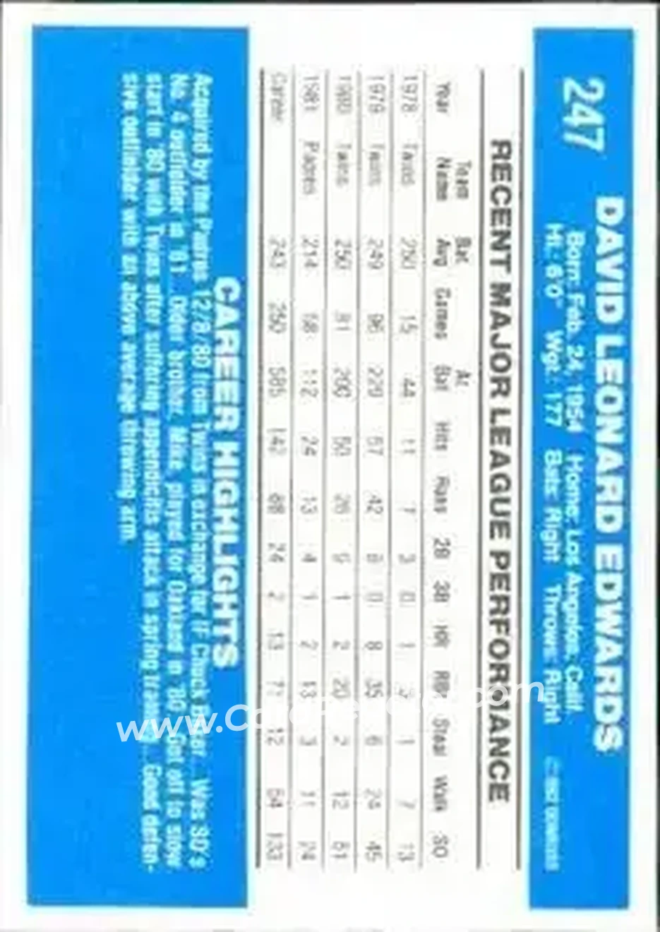1982 Donruss #247 - Dave Edwards - San Diego Padres - Back