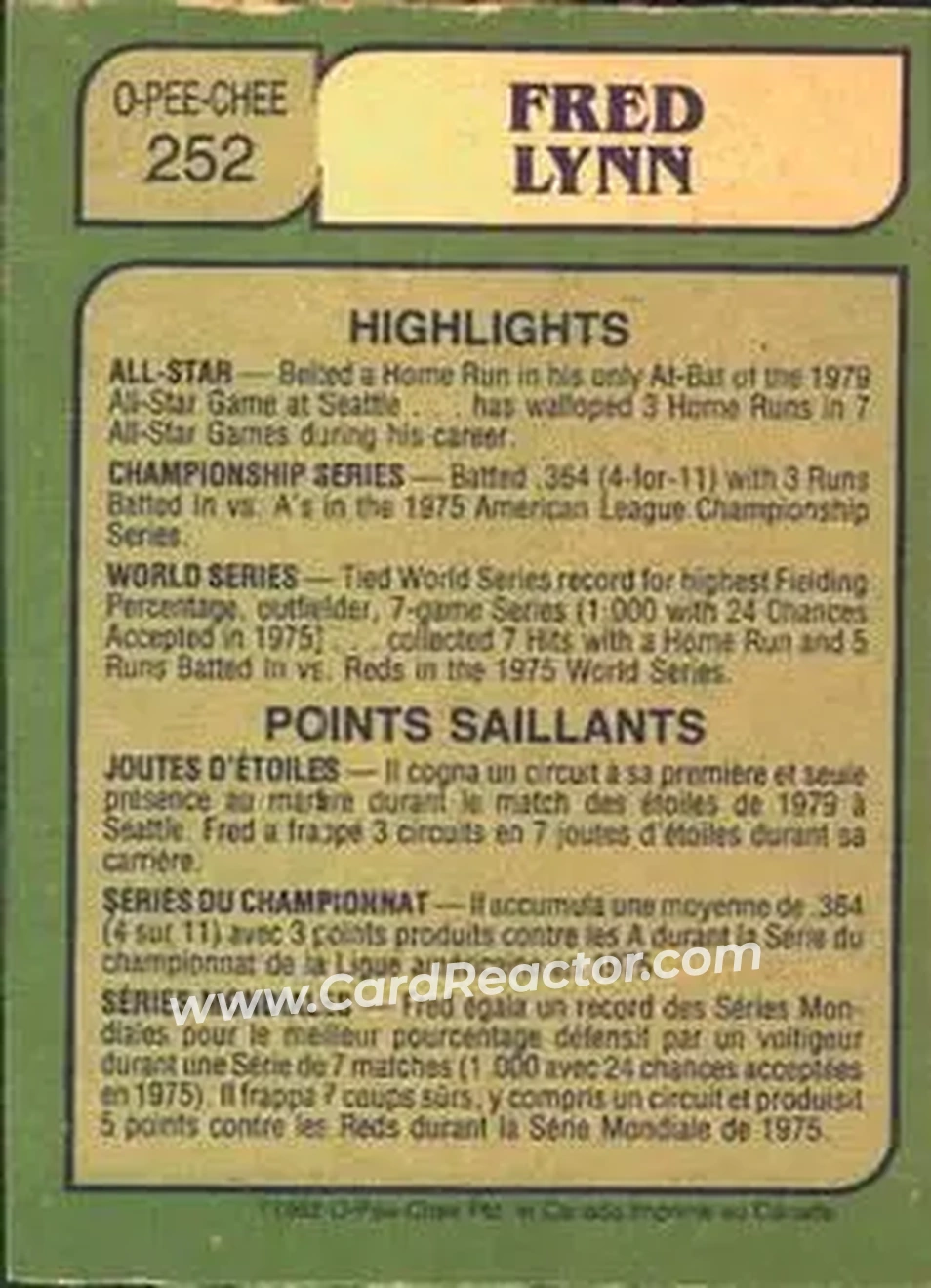 1982 O-Pee-Chee #252 - Fred Lynn - California Angels - Back 1982 O-Pee-Chee #252 - Fred Lynn - California Angels - Back