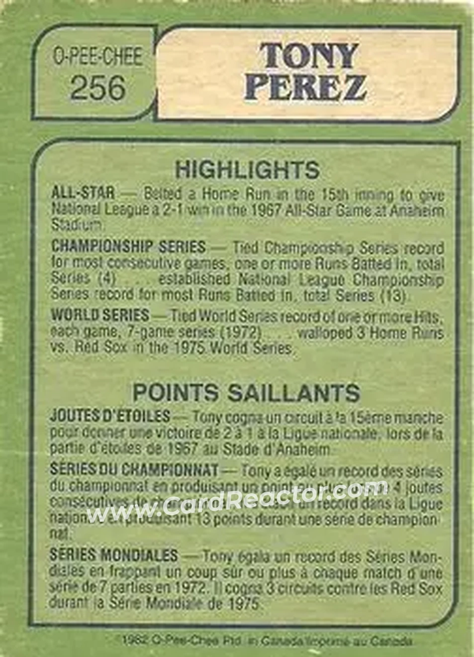 1982 O-Pee-Chee #256 - Tony Pérez - Boston Red Sox - Back 1982 O-Pee-Chee #256 - Tony Pérez - Boston Red Sox - Back