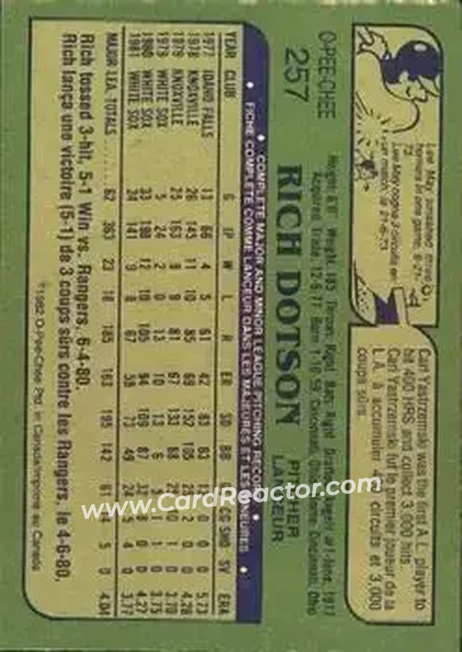1982 O-Pee-Chee #257 - Rich Dotson - Chicago White Sox - Back 1982 O-Pee-Chee #257 - Rich Dotson - Chicago White Sox - Back