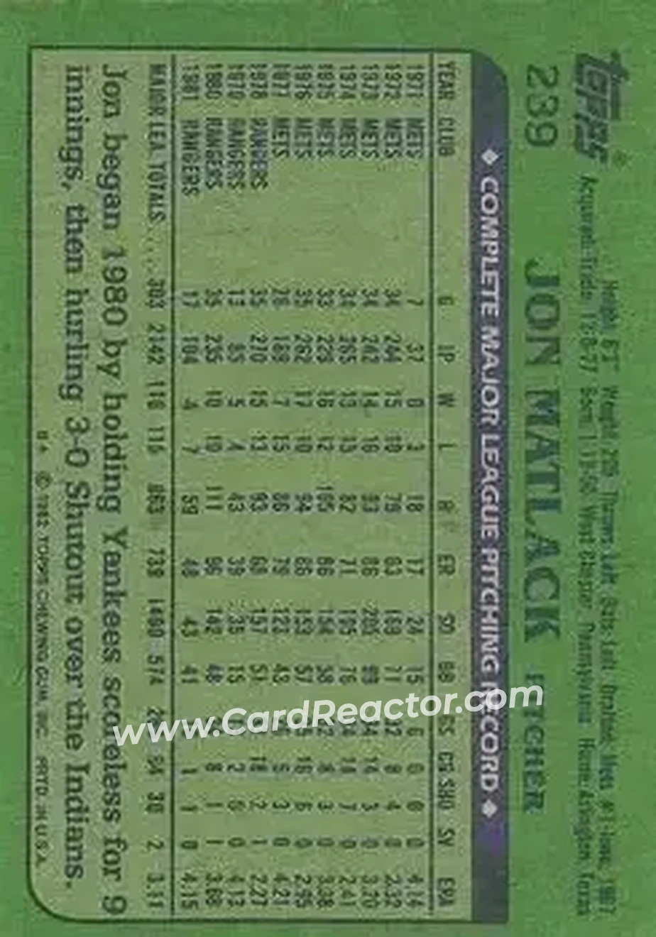 1982 Topps #239 - Jon Matlack - Texas Rangers - Back