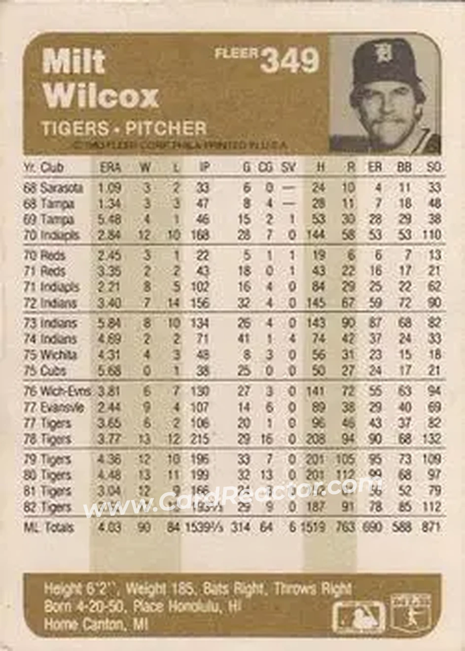1983 Fleer #349 - Milt Wilcox - Detroit Tigers - Back 1983 Fleer #349 - Milt Wilcox - Detroit Tigers - Back