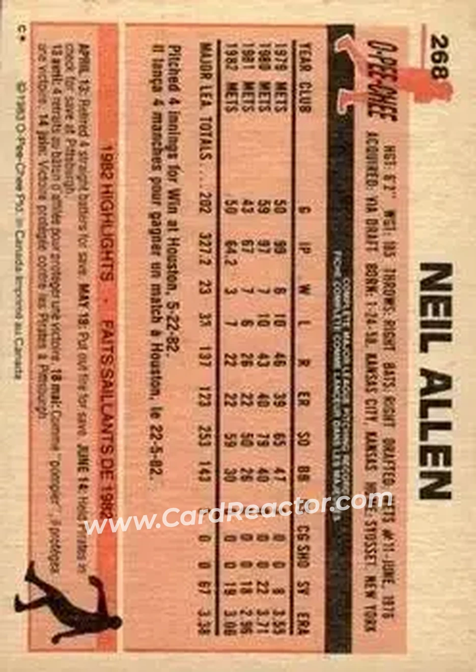 1983 O-Pee-Chee #268 - Neil Allen - New York Mets - Back 1983 O-Pee-Chee #268 - Neil Allen - New York Mets - Back