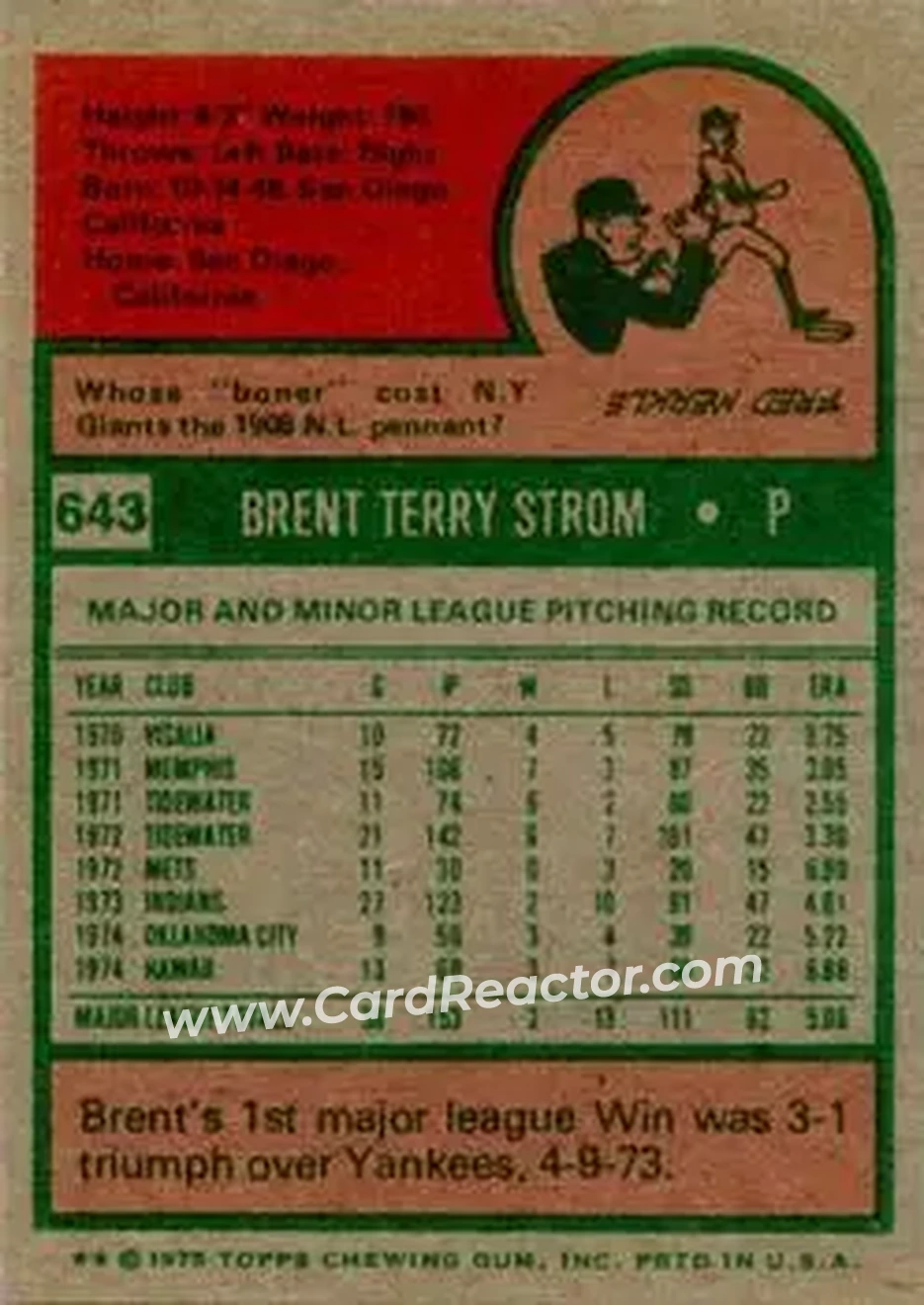 1975 Topps #643 - Brent Strom - San Diego Padres - Back