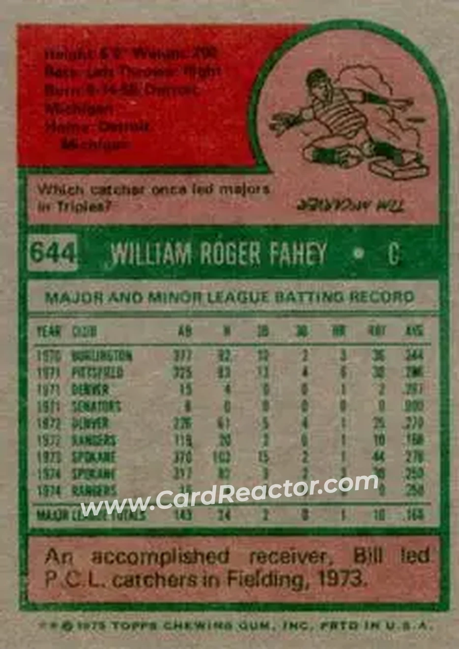 1975 Topps #644 - Bill Fahey - Texas Rangers - Back
