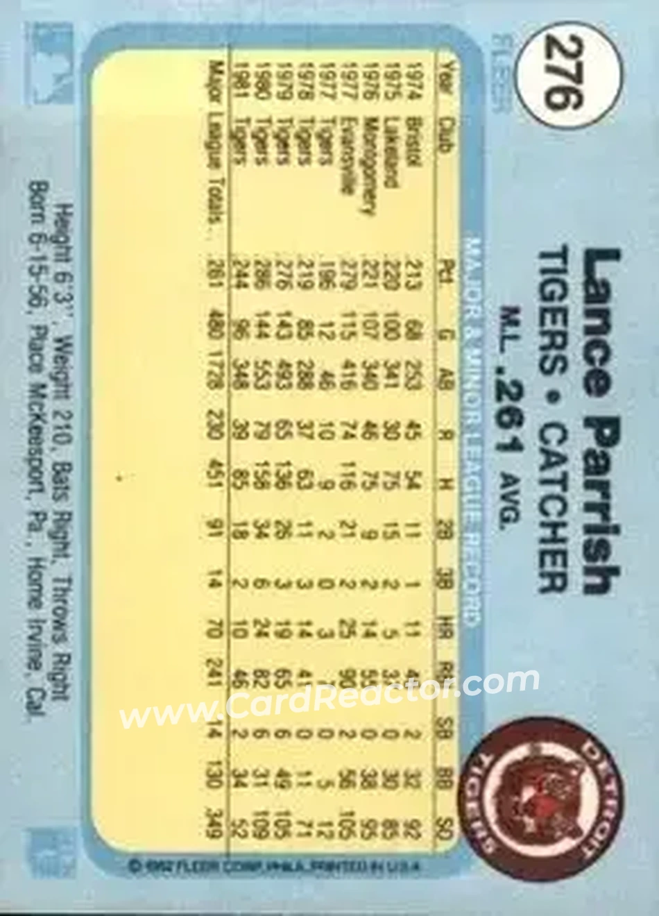 1982 Fleer #276 - Lance Parrish - Detroit Tigers - Back