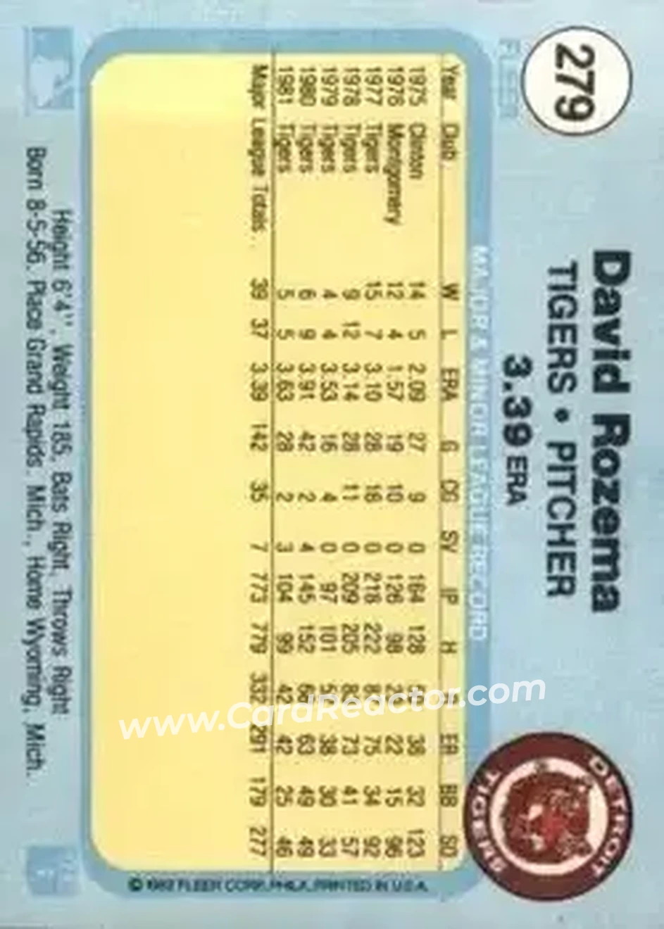 1982 Fleer #279 - Dave Rozema - Detroit Tigers - Back