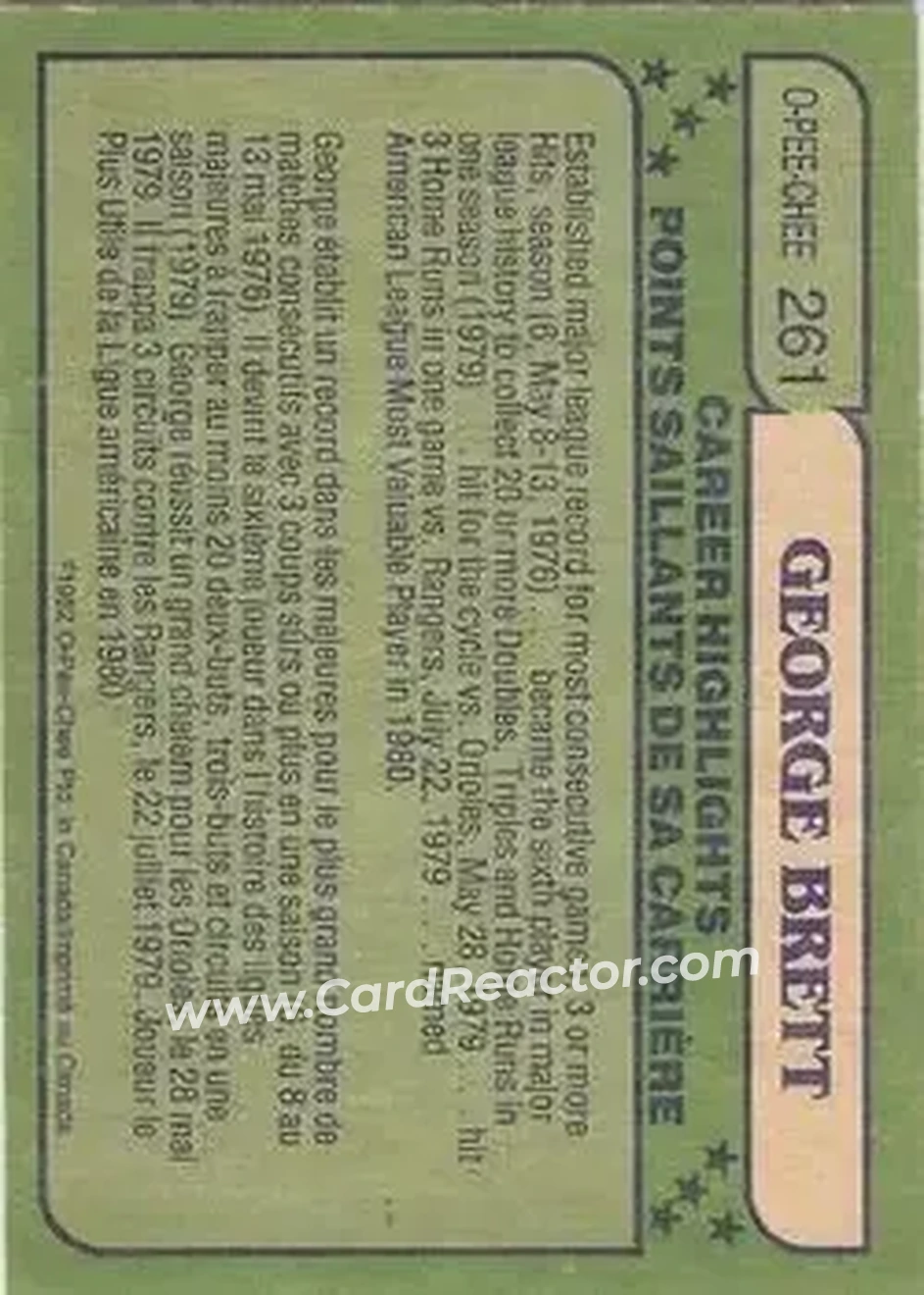 1982 O-Pee-Chee #261 - George Brett - Kansas City Royals - Back