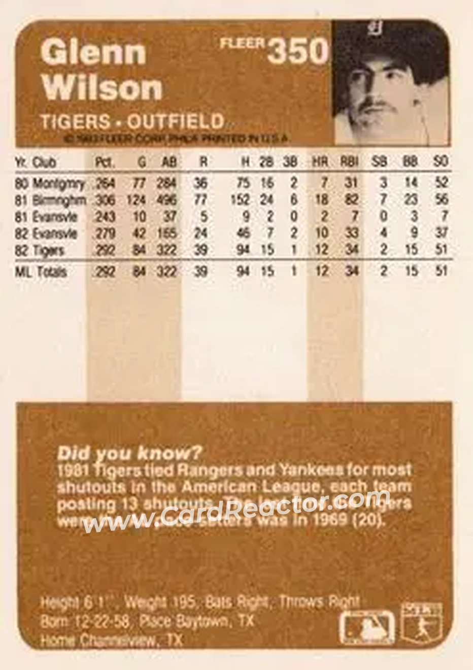 1983 Fleer #350 - Glenn Wilson - Detroit Tigers - Back 1983 Fleer #350 - Glenn Wilson - Detroit Tigers - Back