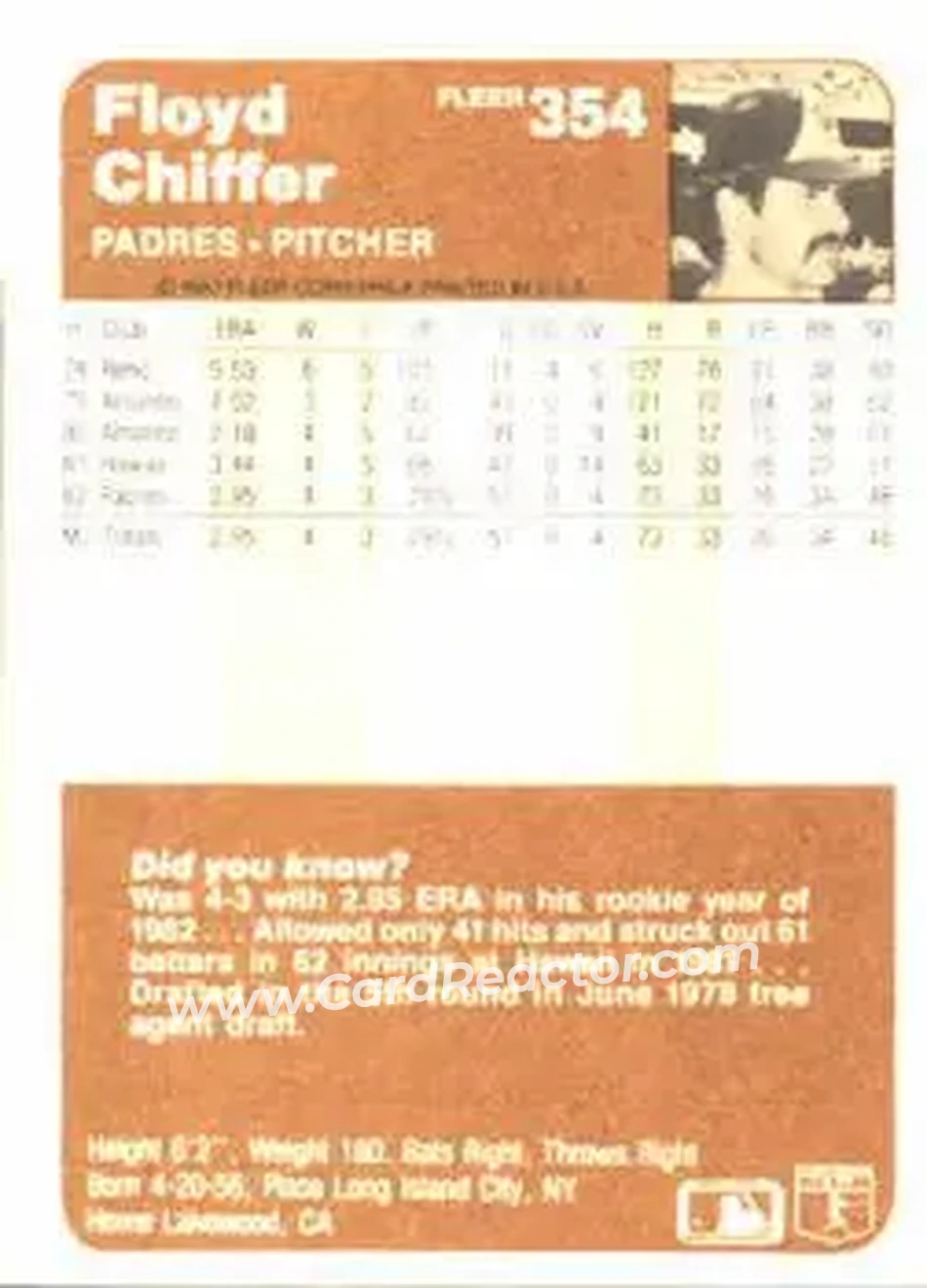 1983 Fleer #354 - Floyd Chiffer - San Diego Padres - Back 1983 Fleer #354 - Floyd Chiffer - San Diego Padres - Back