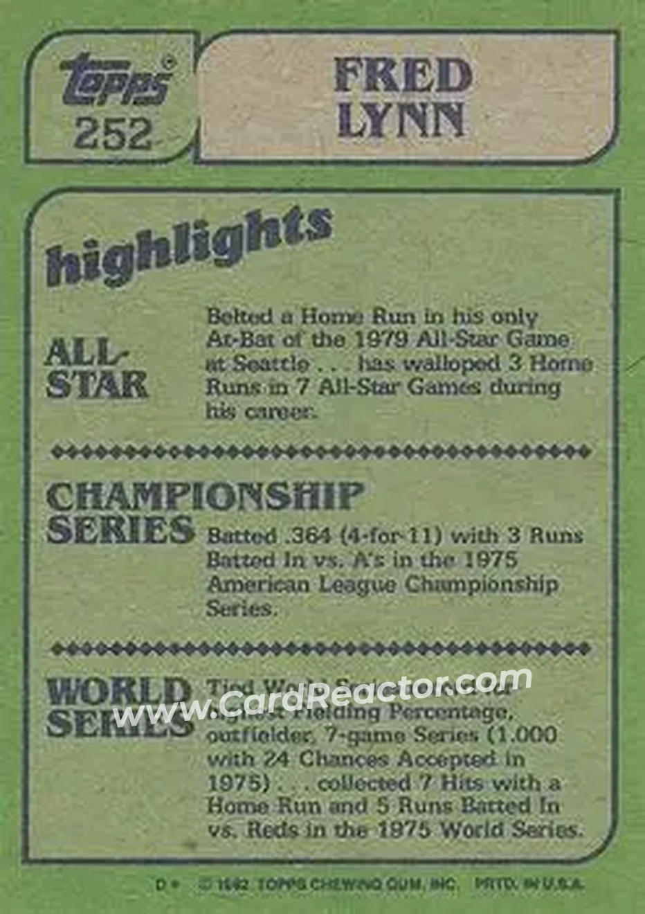 1982 Topps #252 - Fred Lynn - California Angels - Back