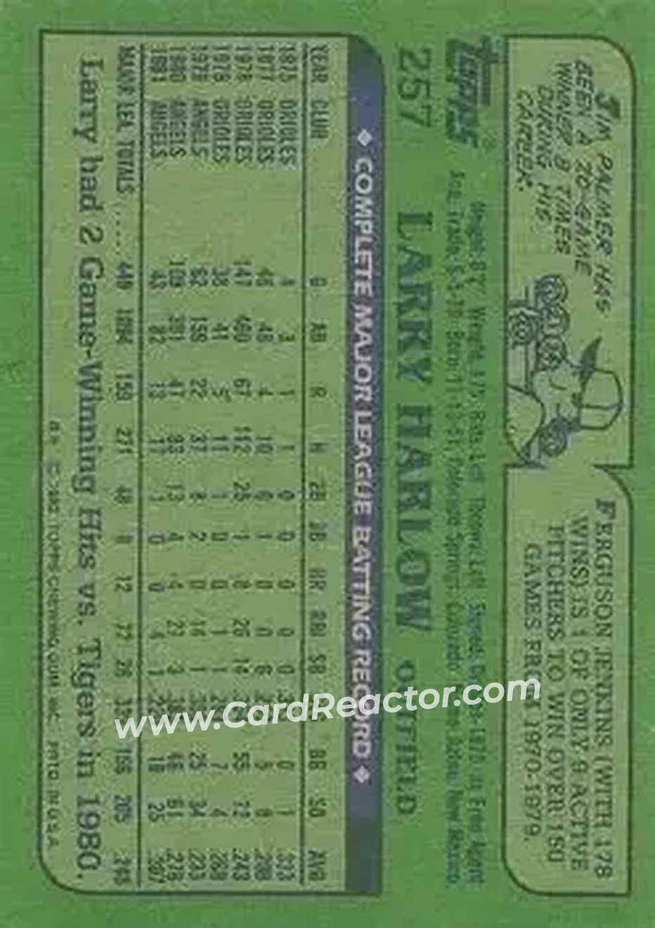 1982 Topps #257 - Larry Harlow - California Angels - Back 1982 Topps #257 - Larry Harlow - California Angels - Back