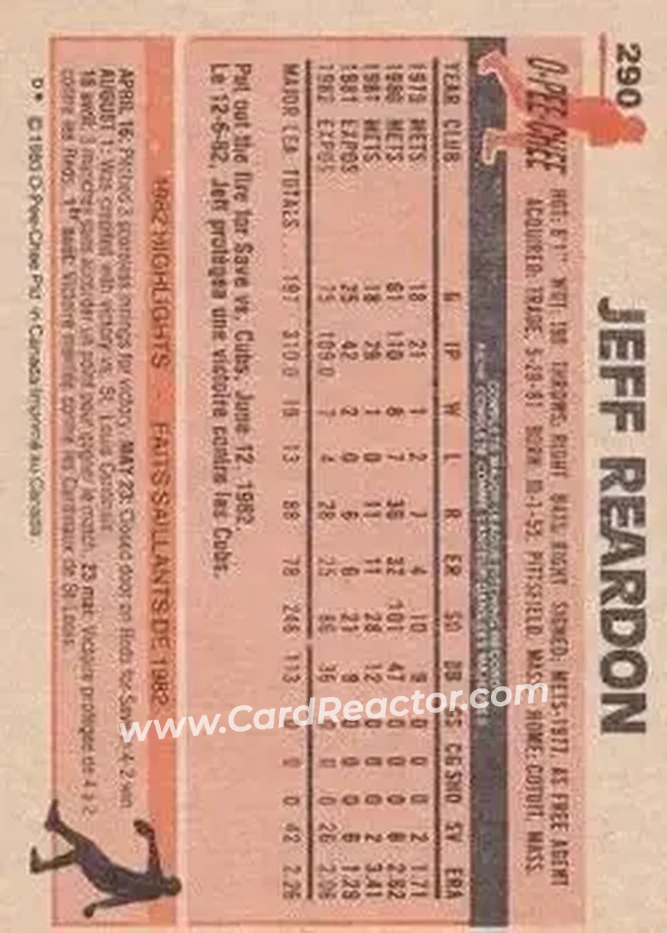 1983 O-Pee-Chee #290 - Jeff Reardon - Montreal Expos - Back 1983 O-Pee-Chee #290 - Jeff Reardon - Montreal Expos - Back