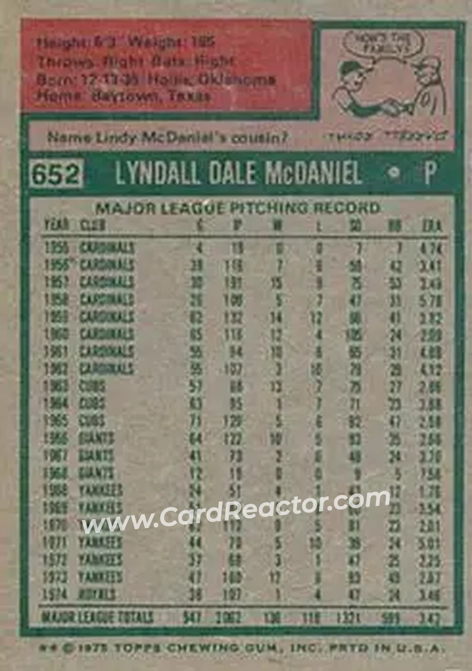 1975 Topps #652 - Lindy McDaniel - Kansas City Royals - Back