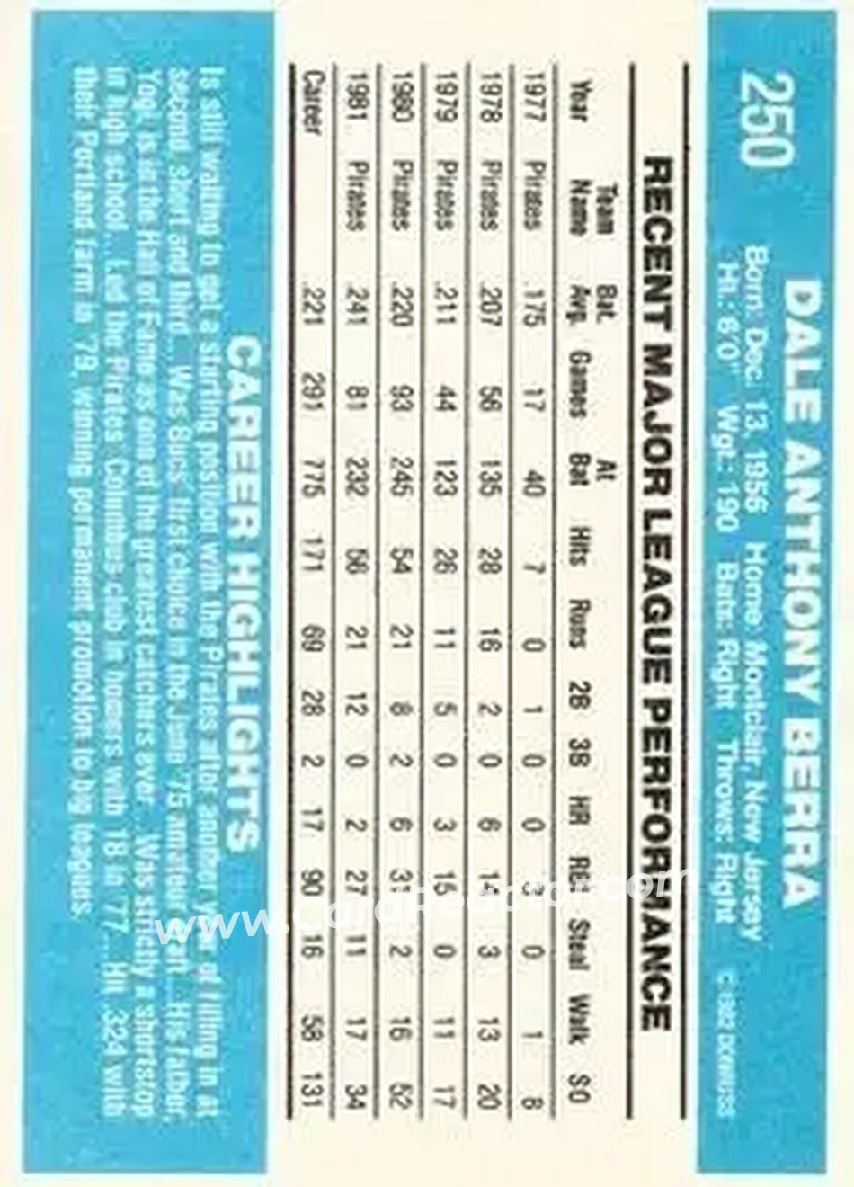 1982 Donruss #250 - Dale Berra - Pittsburgh Pirates - Back