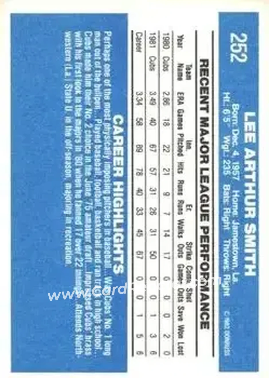 1982 Donruss #252 - Lee Smith - Chicago Cubs - Back