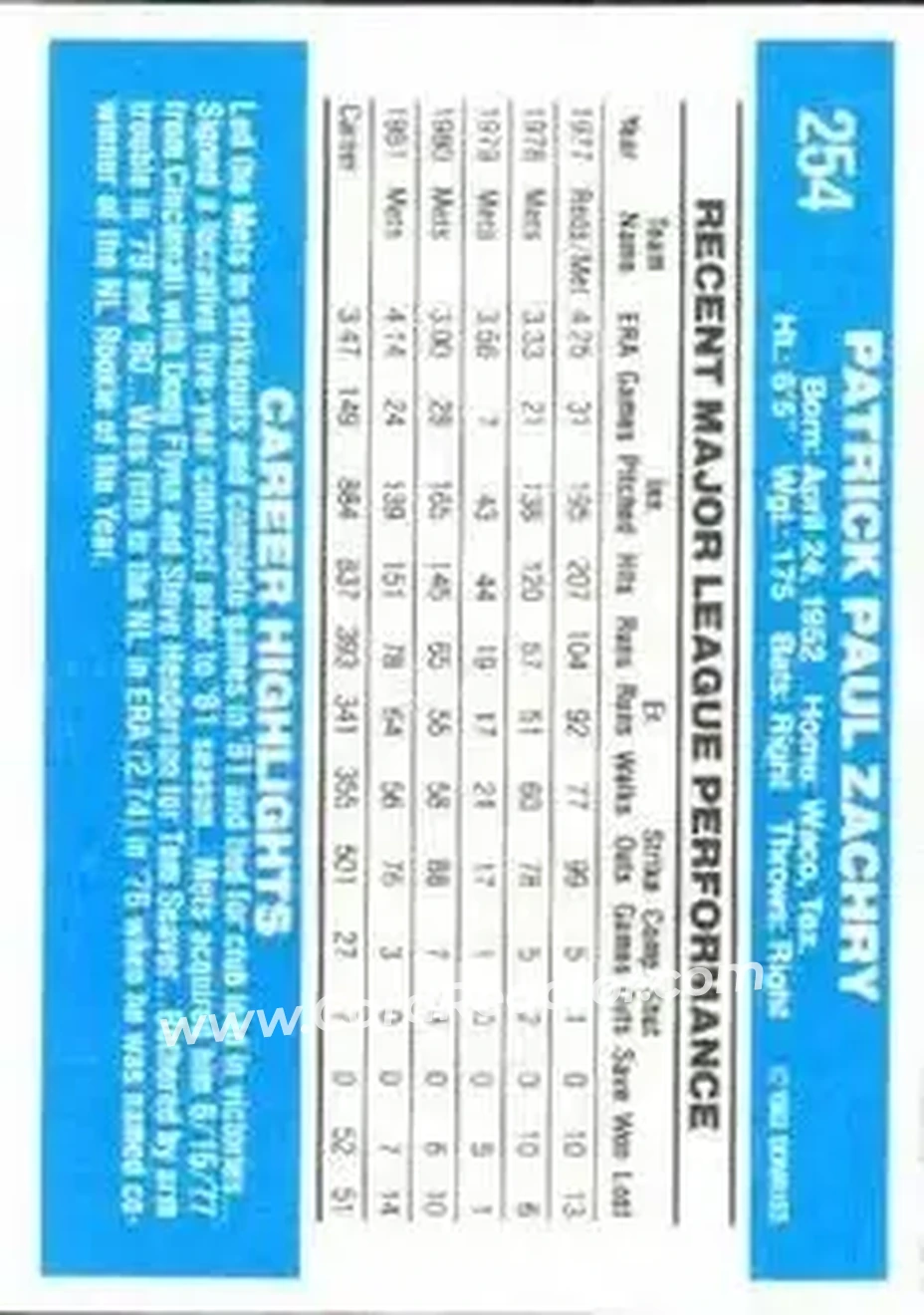 1982 Donruss #254 - Pat Zachry - New York Mets - Back