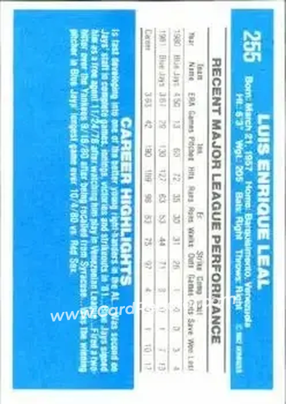 1982 Donruss #255 - Luis Leal - Toronto Blue Jays - Back