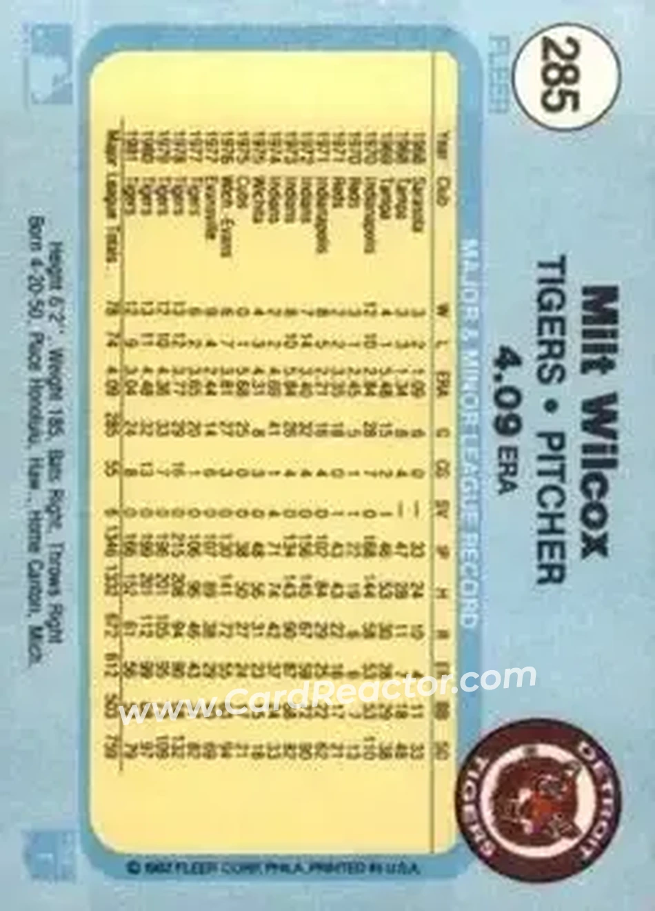 1982 Fleer #285 - Milt Wilcox - Detroit Tigers - Back