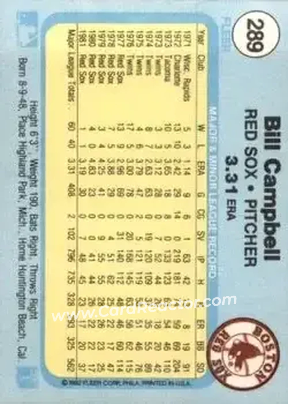 1982 Fleer #289 - Bill Campbell - Boston Red Sox - Back