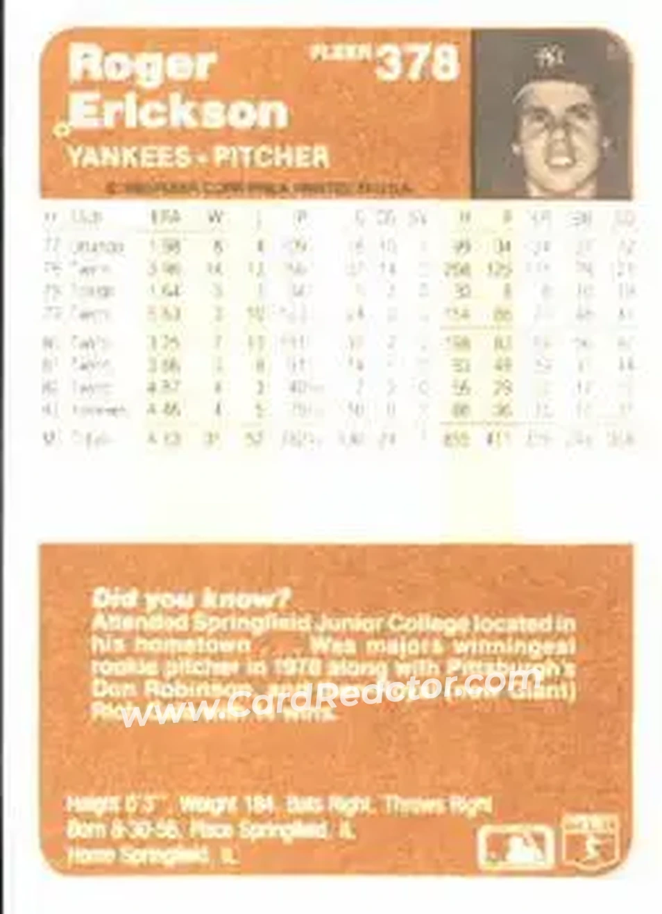 1983 Fleer #378 - Roger Erickson - New York Yankees - Back