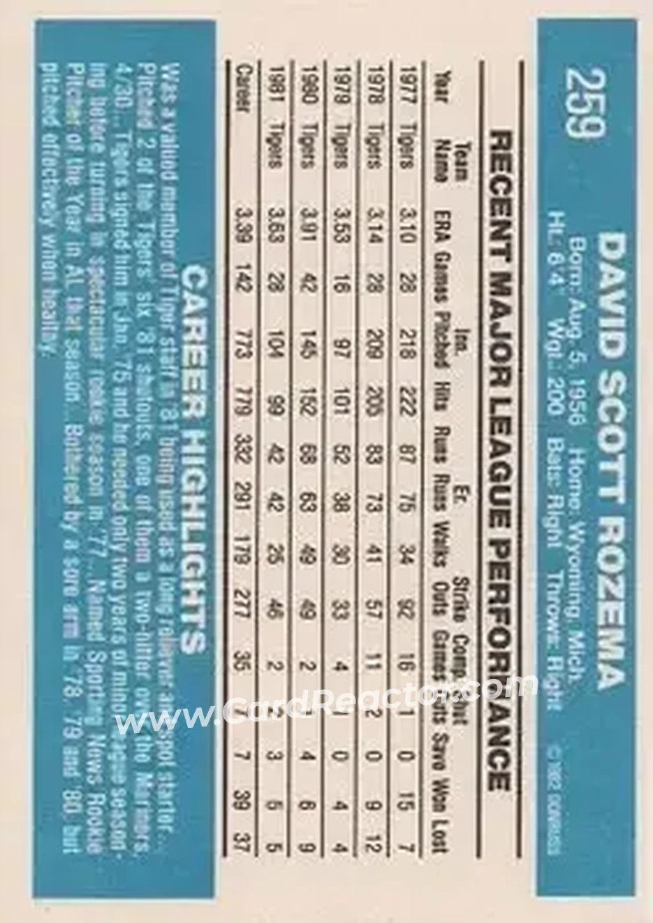 1982 Donruss #259 - Dave Rozema - Detroit Tigers - Back 1982 Donruss #259 - Dave Rozema - Detroit Tigers - Back
