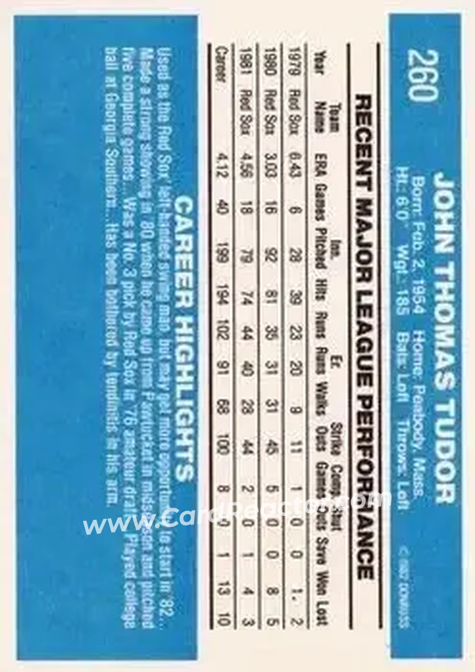 1982 Donruss #260 - John Tudor - Boston Red Sox - Back 1982 Donruss #260 - John Tudor - Boston Red Sox - Back