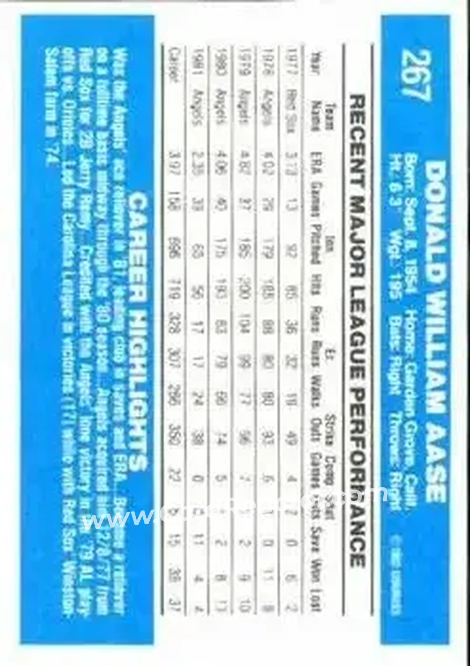 1982 Donruss #267 - Don Aase - California Angels - Back