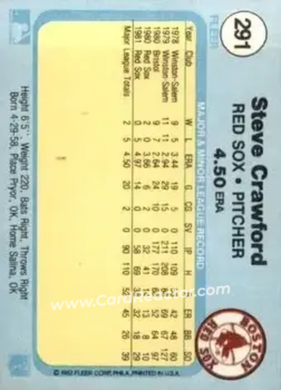 1982 Fleer #291 - Steve Crawford - Boston Red Sox - Back