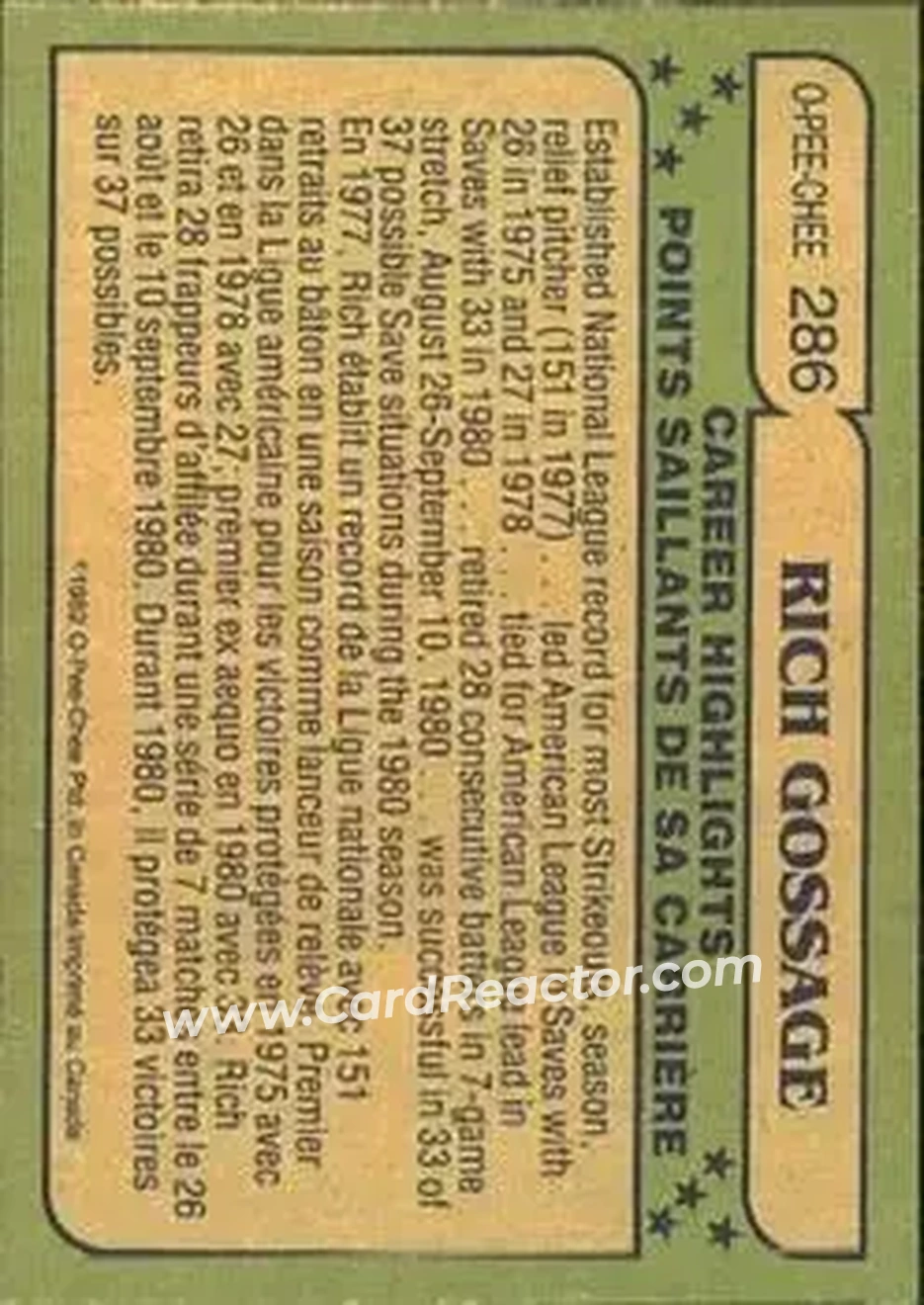 1982 O-Pee-Chee #286 - Rich Gossage - New York Yankees - Back 1982 O-Pee-Chee #286 - Rich Gossage - New York Yankees - Back
