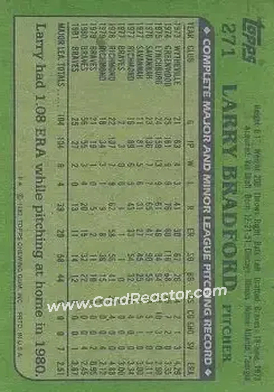 1982 Topps #271 - Larry Bradford - Atlanta Braves - Back 1982 Topps #271 - Larry Bradford - Atlanta Braves - Back