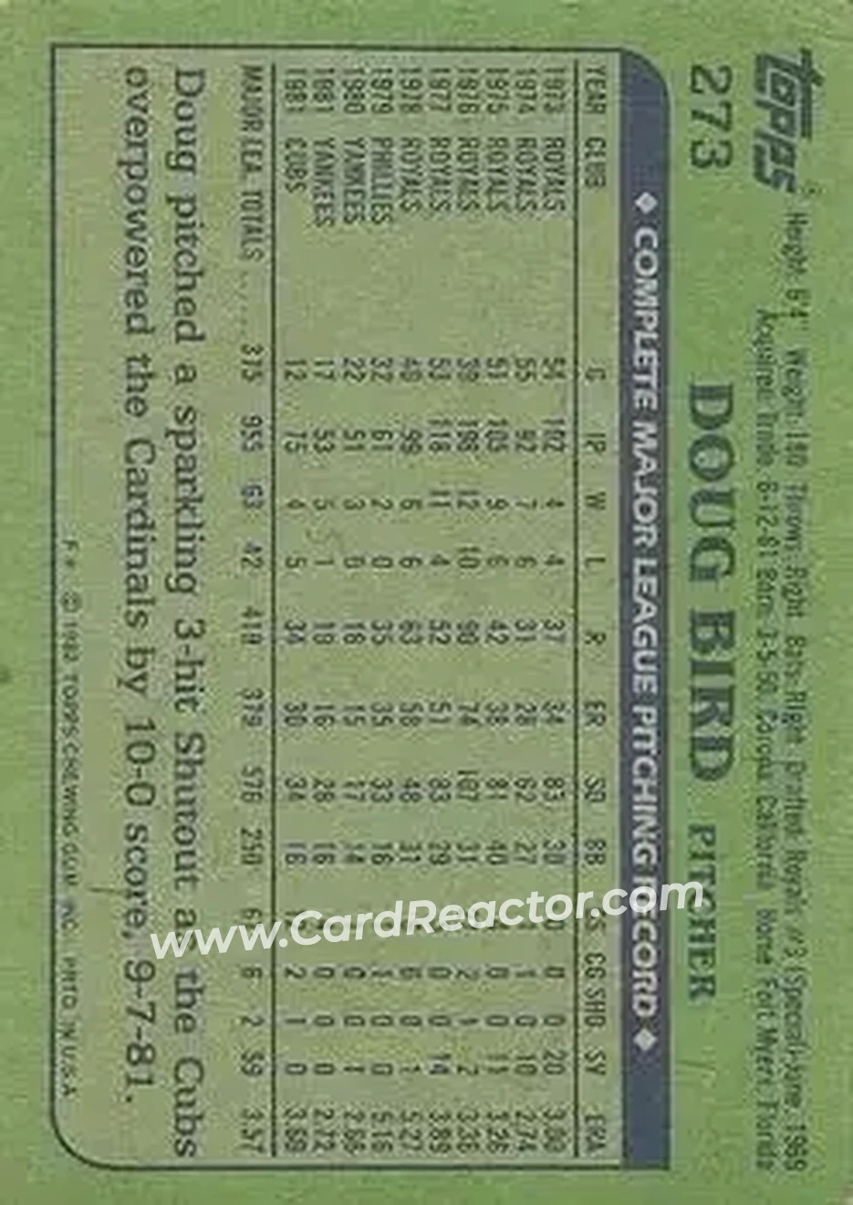 1982 Topps #273 - Doug Bird - Chicago Cubs - Back