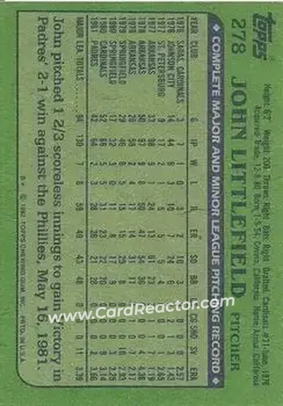 1982 Topps #278 - John Littlefield - San Diego Padres - Back 1982 Topps #278 - John Littlefield - San Diego Padres - Back