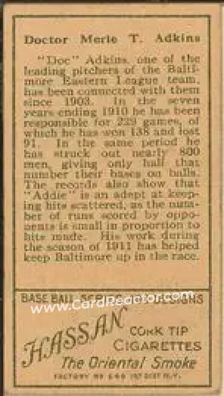 1911 T205 Gold Border #NNO - Doc Adkins - Baltimore Orioles - Back