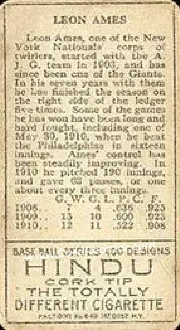 1911 T205 Gold Border #NNO - Leon Ames - New York Giants - Back