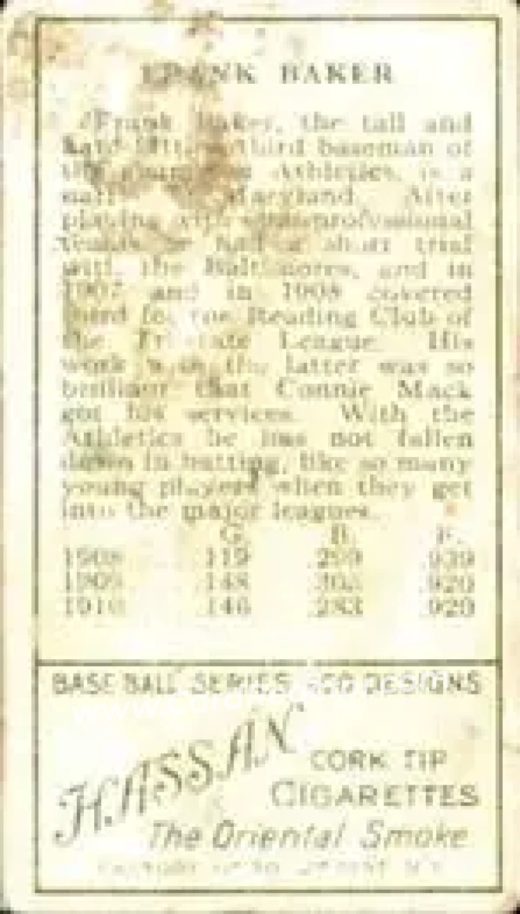 1911 T205 Gold Border #NNO - Frank Baker - Philadelphia Athletics - Back