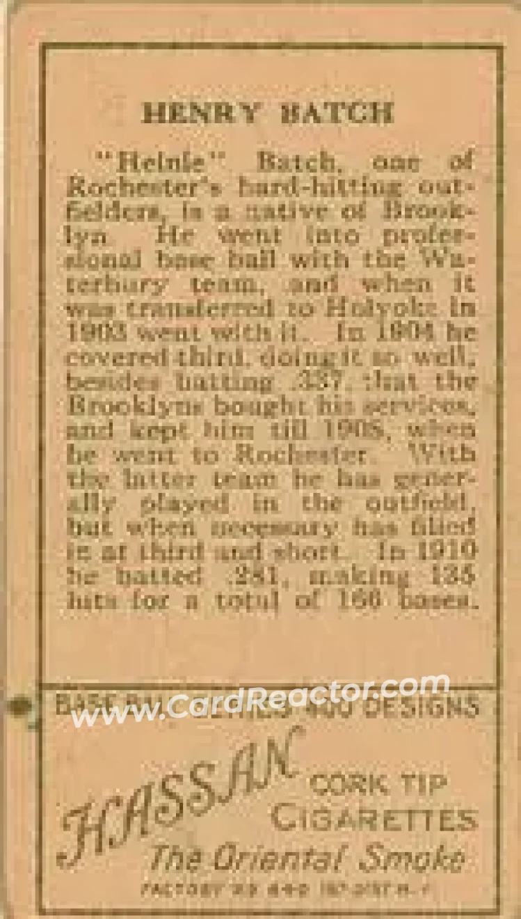 1911 T205 Gold Border #NNO - Emil Batch - Rochester Bronchos - Back