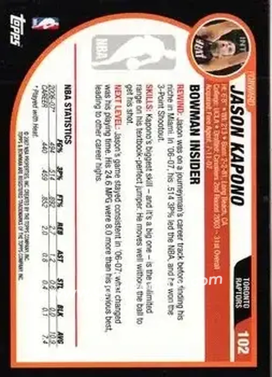 2007-08 Bowman #102 - Jason Kapono - Toronto Raptors - Back