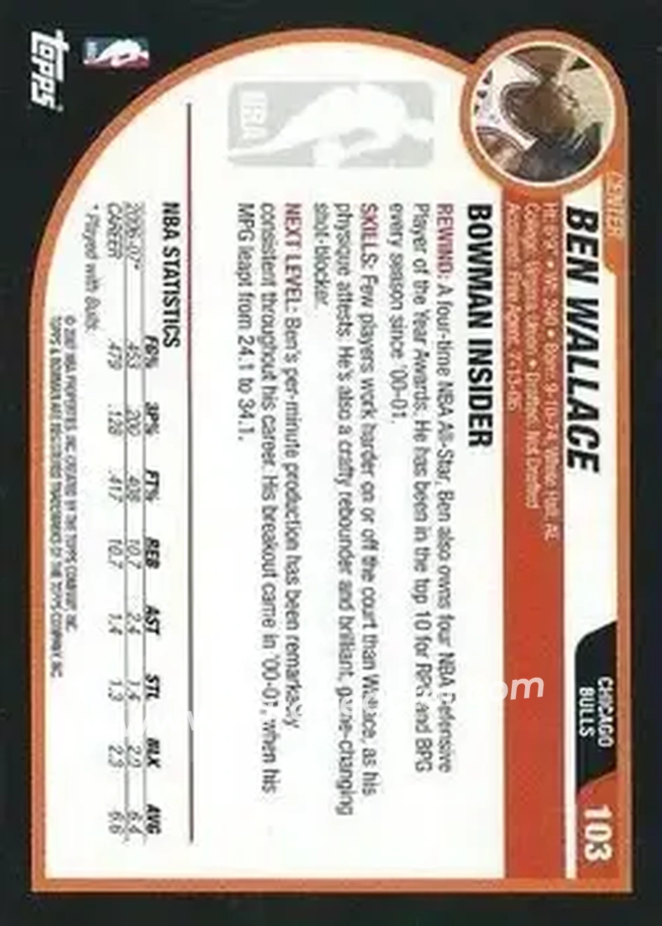 2007-08 Bowman #103 - Ben Wallace - Chicago Bulls - Back