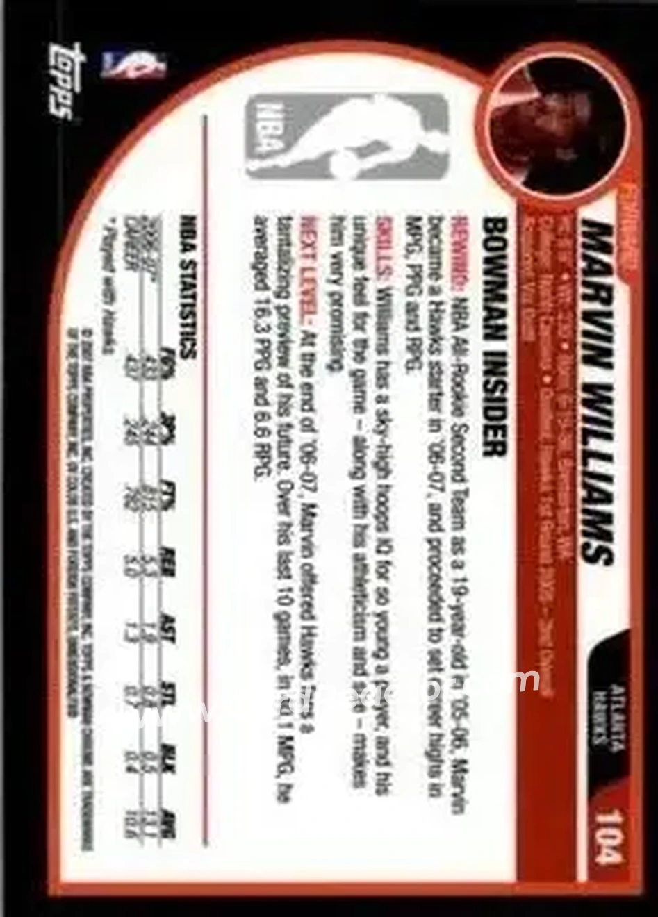 2007-08 Bowman #104 - Marvin Williams - Atlanta Hawks - Back
