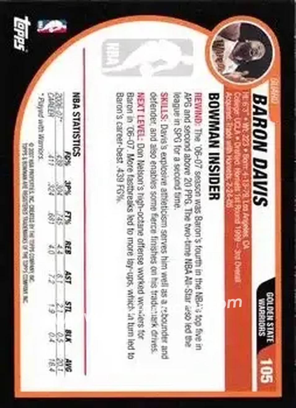 2007-08 Bowman #105 - Baron Davis - Golden State Warriors - Back