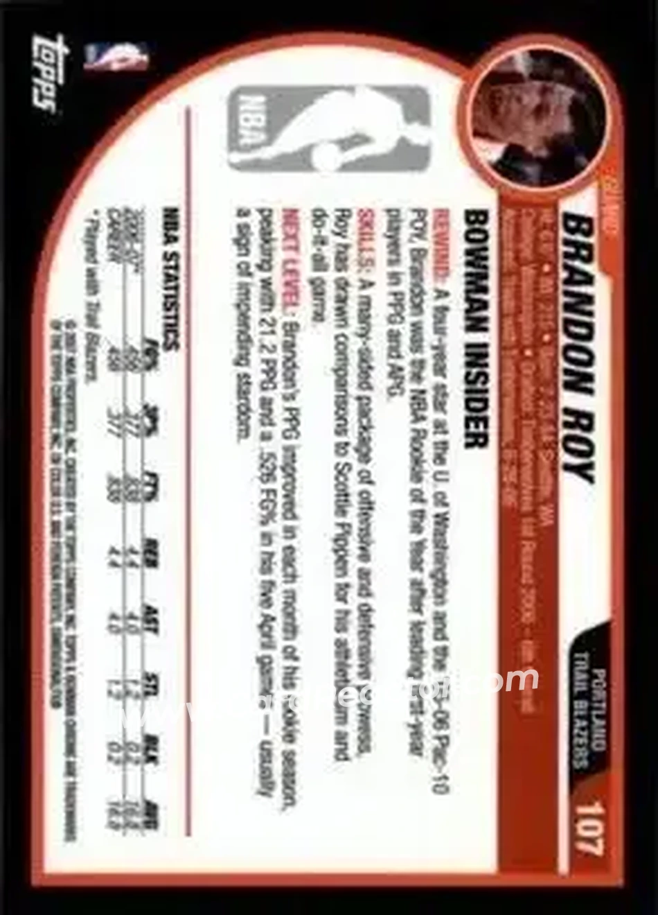2007-08 Bowman #107 - Brandon Roy - Portland Trail Blazers - Back