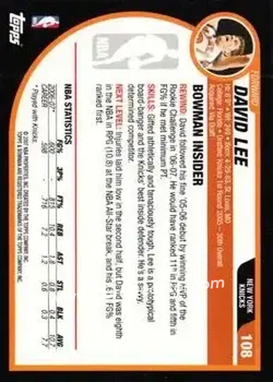 2007-08 Bowman #108 - David Lee - New York Knicks - Back 2007-08 Bowman #108 - David Lee - New York Knicks - Back